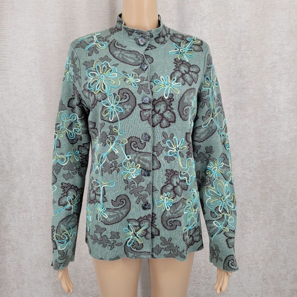 Sigrid Olsen Cotton Mock Neck Cardigan Heathered Green Blue Paisley Knit Floral